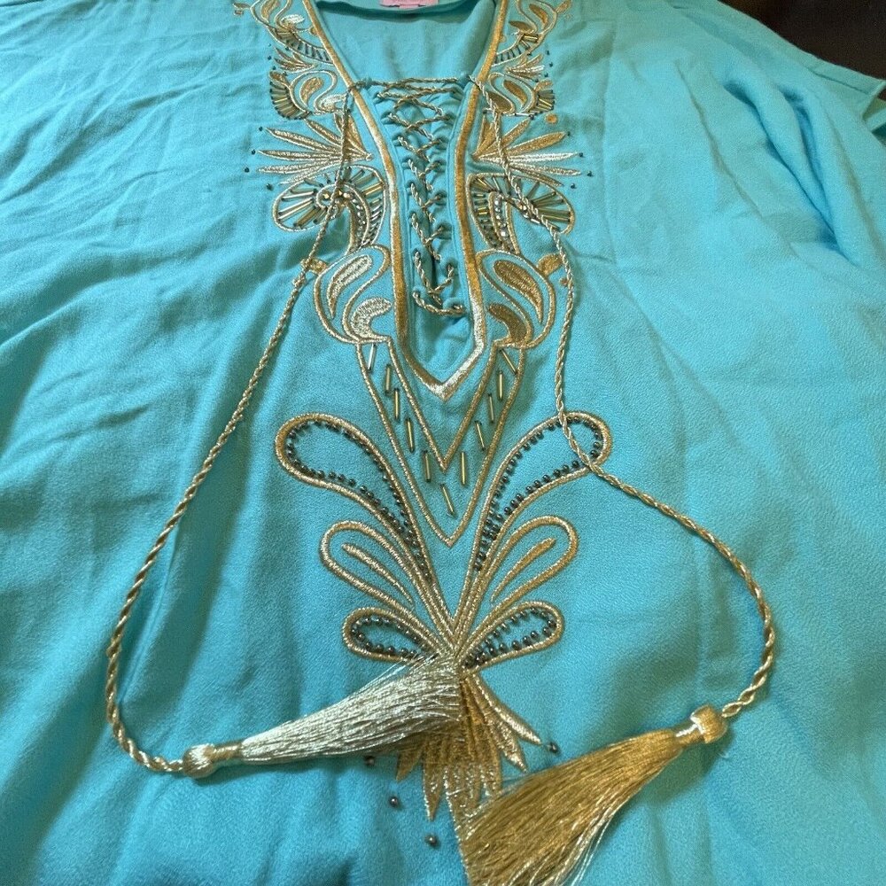 LILLY PULITZER Beaded Seaside Aqua Chai Caftan Swimsuit Coverup S/M - Picture 9 of 12